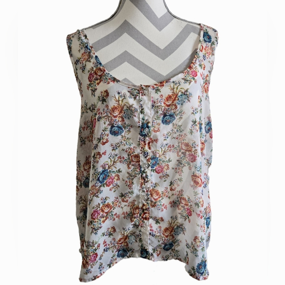 Ambiance Apparel Sheer Boho Floral Button Down Tank Top (Size: Fits like L/XL)